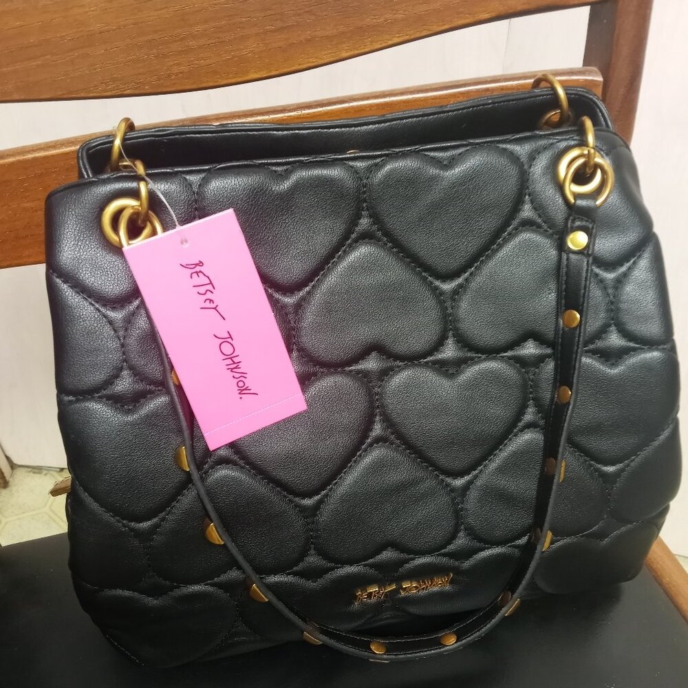 Betsey Johnson Black Heart Quilted Leopard Inside Tote Bag